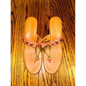 NEW Mila Paoli Brown And Orange Thong 3 Inch Sandals Wedges 8.5